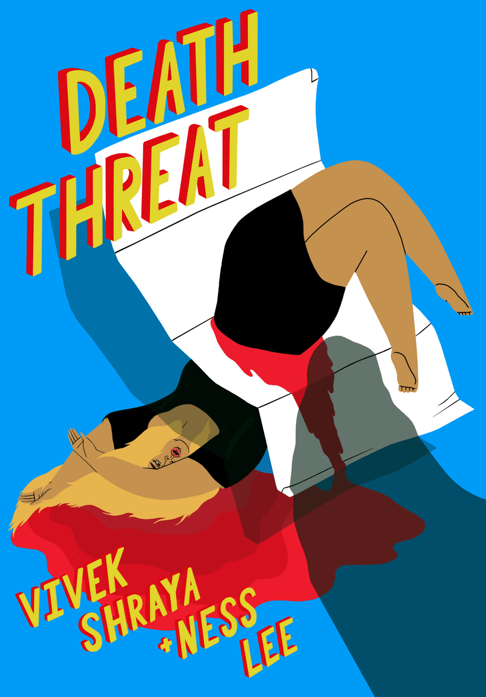 A surreal illustration of a woman being cut in half by a piece of mail, lying in a pool of blood while an indistinct shadow looms from out of frame. Hand-lettered text reads ‘Death Threat. Vivek Shraya and Ness Lee.’