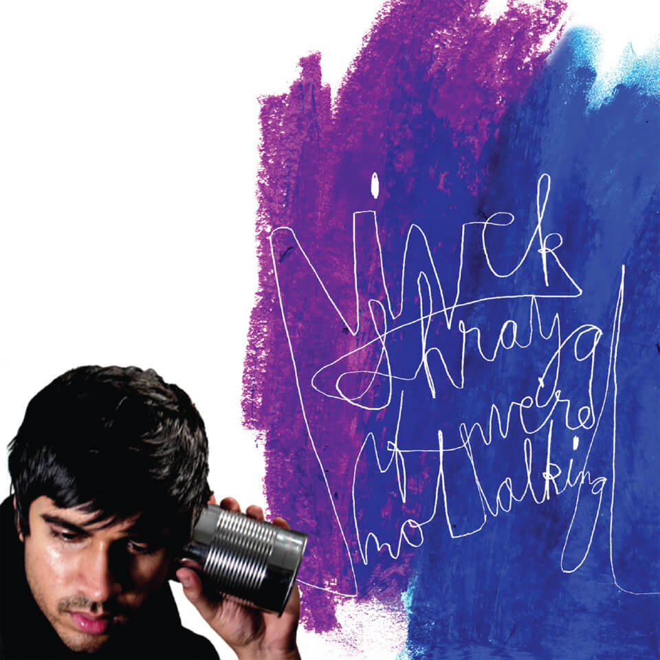 A brown-skinned person against a white background, listening to a tin-can telephone. The “cord” from the can turns into scribbled letters against a wash of blue and purple paint, “Vivek Shraya. If We’re Not Talking.”