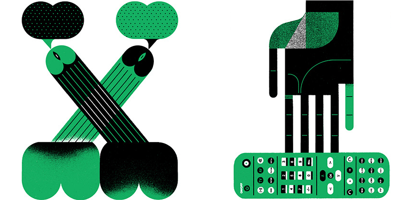 Two stylized green-and-black illustrations. The first is of two crossed penises, one lightly coloured and one darker, each with a “word bubble” issuing from the head. The second is of a hand reaching for a television remote control.